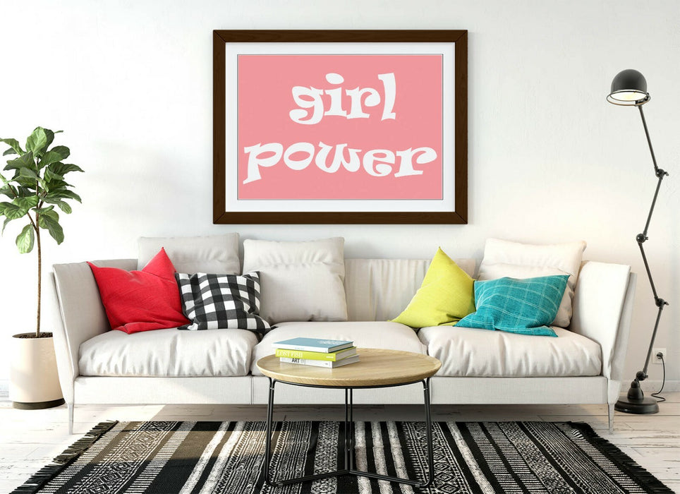 "GIRL POWER" GROOVY FEMINIST QUOTE 2 -FRAMED WALL ART PICTURE PRINT- PINK WHITE