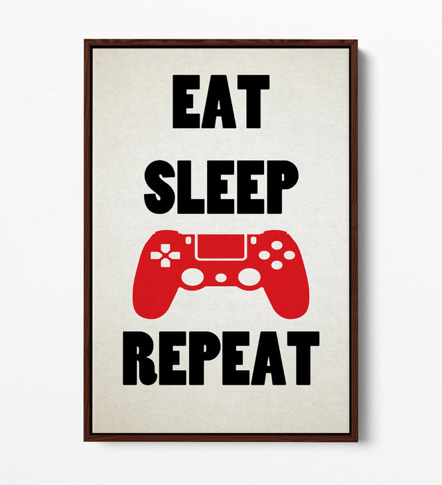 "EAT SLEEP GAME REPEAT" FUNNY GAMER QUOTE -FLOAT EFFECT CANVAS WALL ART PRINT