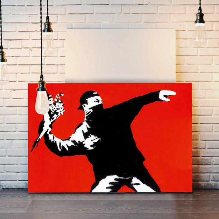 BANKSY LOVE IS IN THE AIR FLOWER CANVAS WALL ART PRINT ARTWORK GRAFFITI RED