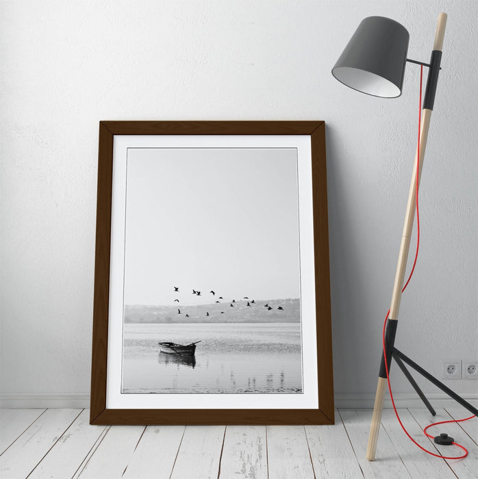 Framed Wall Art Poster - Black White Birds Flying Over Boat | UK Handmade Matte Print