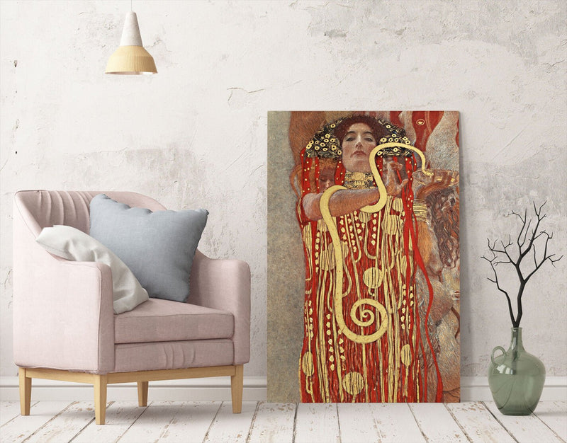 Canvas Wall Art Featuring Gustav Klimt Hygieia Goddess | Framed Canvas Print with Woodgrain Frame Finish