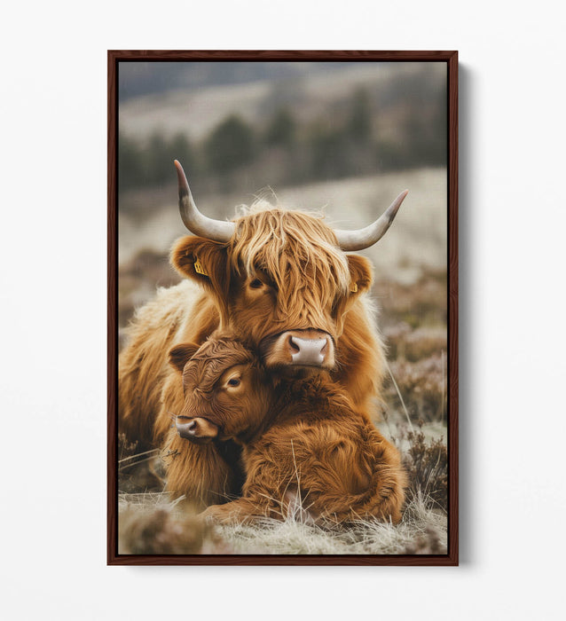 Highland Cow Canvas - Mother And Calf Art | Handmade UK Float Effect Frame