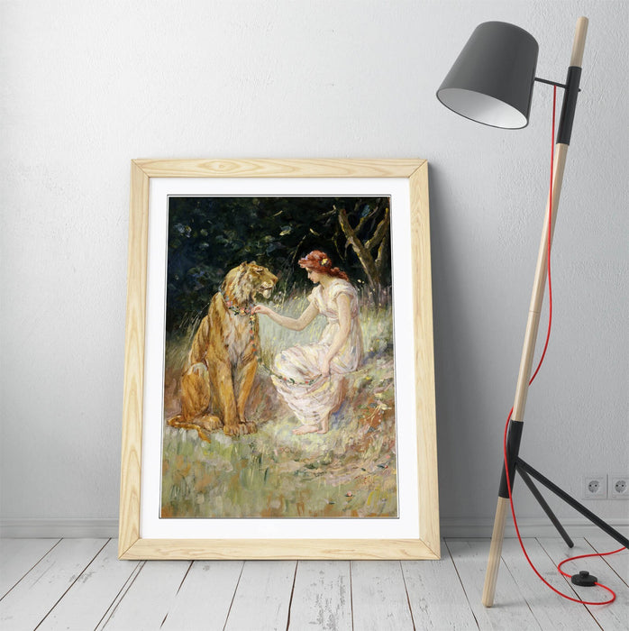 Framed Art Poster - Frederick Stuart Church Lady And Tiger Print With Woodgrain Frame