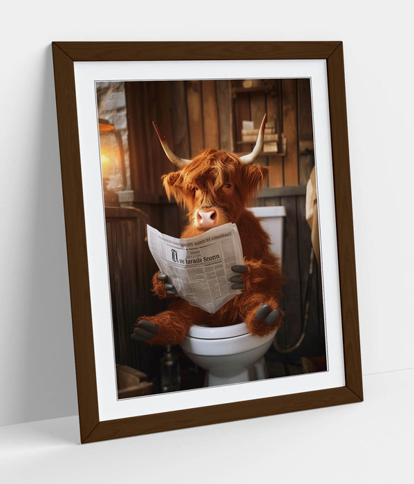 Highland Cow Wall Art – Framed Bathroom Decor Poster With Rustic Wood Frame