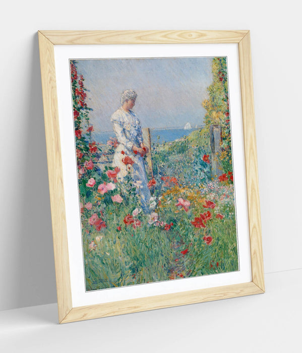 Framed Wall Art - Childe Hassam Garden Art Print With Woodgrain Frame Finish