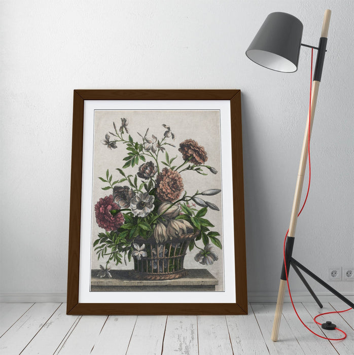 Framed Wall Art - Jean Baptiste Monnoyer Marigold Flower Print With Woodgrain Frame