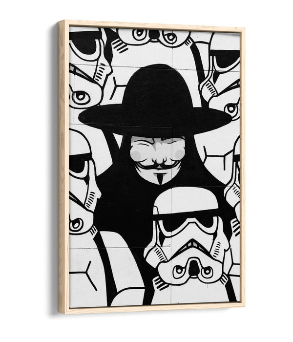GUY FAWKES STORMTROOPERS GRAFFITI -FLOAT EFFECT CANVAS WALL ART PIC PRINT- BLACK