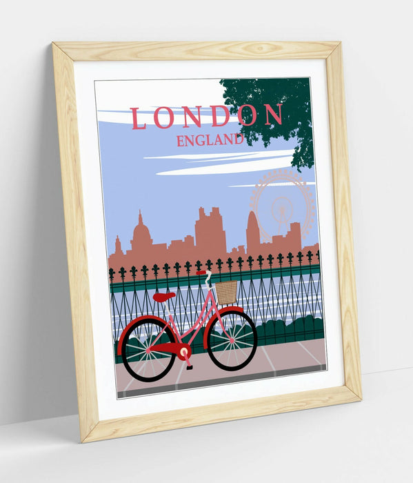 RETRO LONDON ENGLAND TRAVEL POSTER -FRAMED WALL ART PICTURE PRINT- PINK GREEN