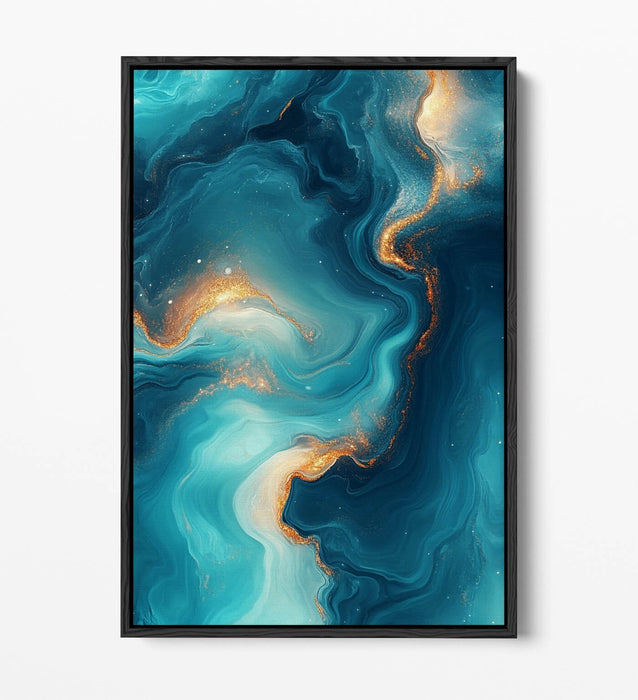 Abstract Canvas Wall Art – Blue Gold Sea Water Painting With Float Effect Frame