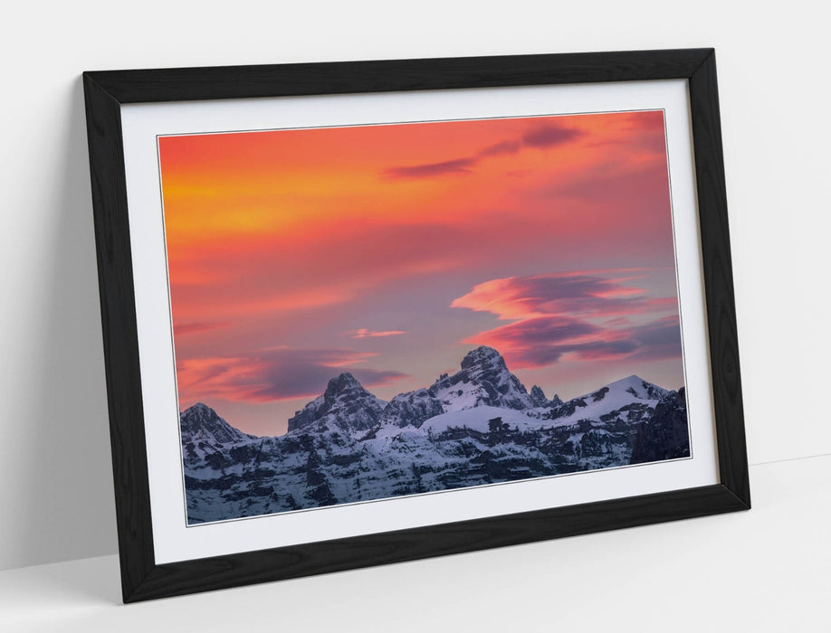 Framed Art Poster - Snowy Mountain Wall Art With Pink Orange Sky Print