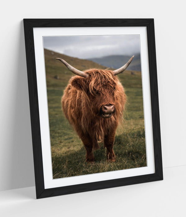 Highland Cow Wall Art – Framed Green Landscape Poster | Rustic Animal Decor