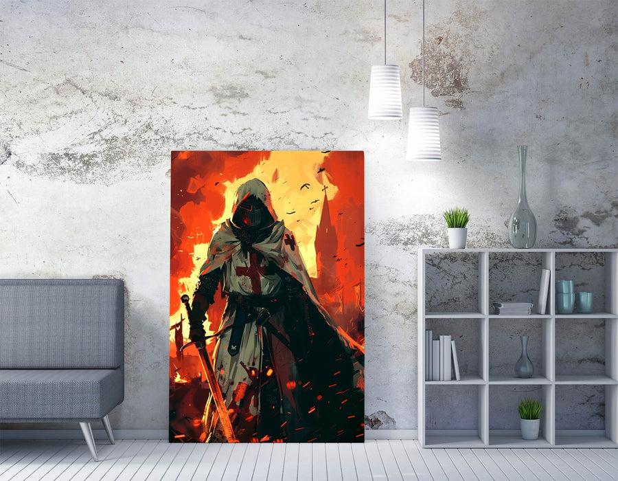 Medieval Knight Canvas – Crusader Wall Art With Burning City Print, Premium Varnish Finish