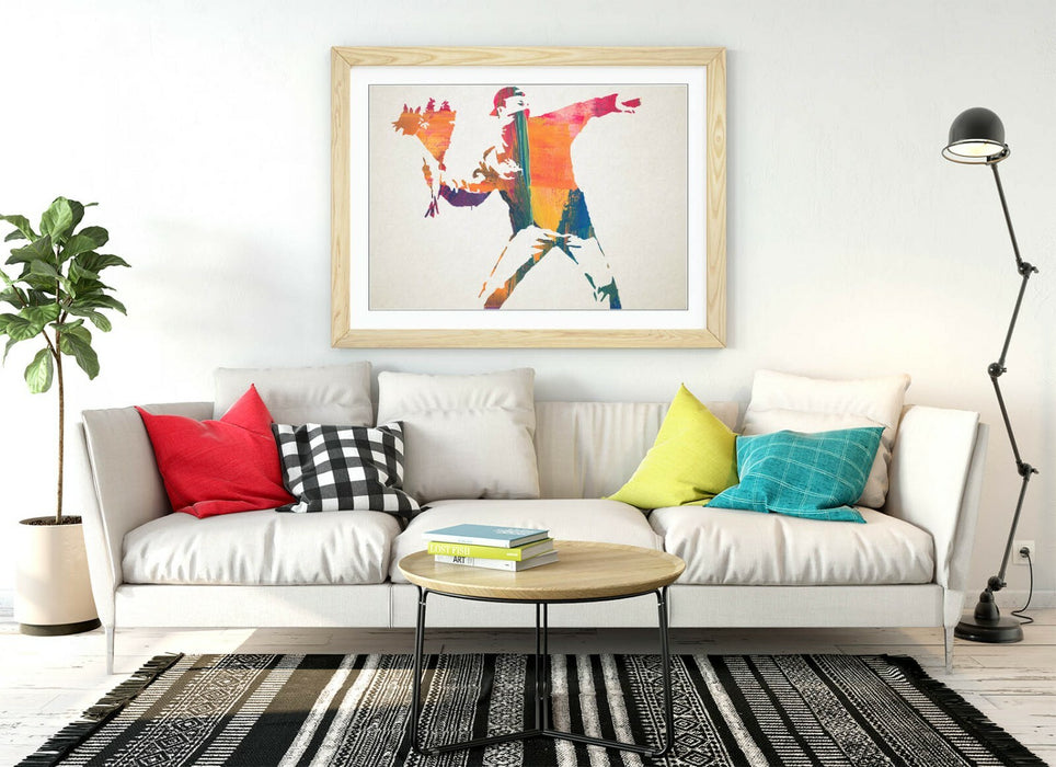 BANKSY, FLOWER THROWER RAINBOW PAINT -FRAMED WALL ART PICTURE PRINT