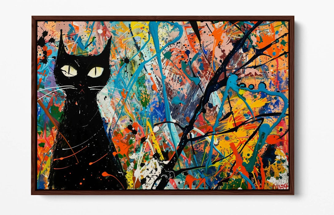 Black Cat Canvas Art – Jackson Pollock Style Float Effect Print on Premium Frame