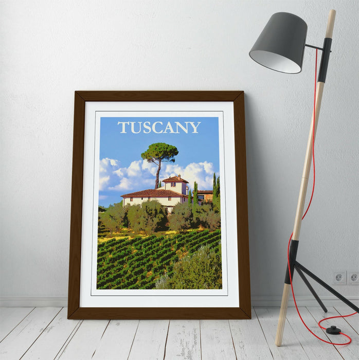 VINTAGE RETRO TUSCANY TRAVEL POSTER -FRAMED WALL ART PICTURE PRINT- BLUE