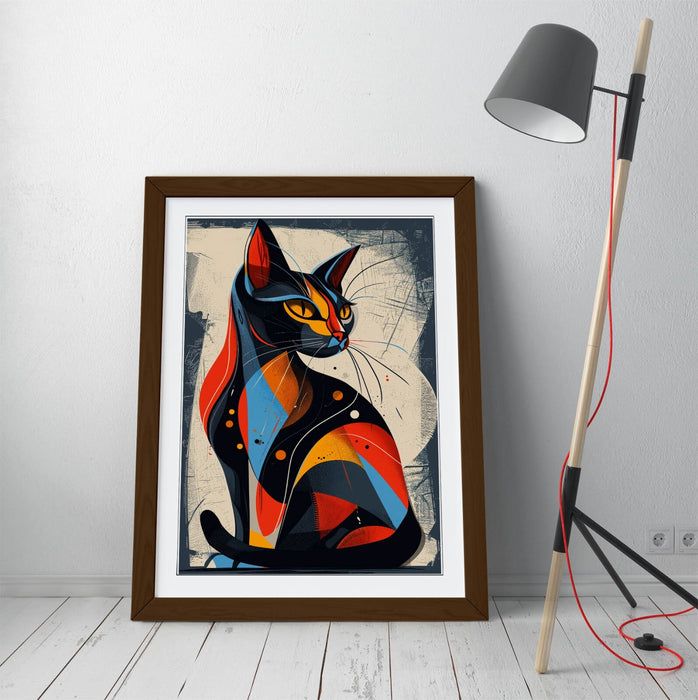Abstract Cat Wall Art – Framed Blue Red Art, Contemporary Decor Poster Print