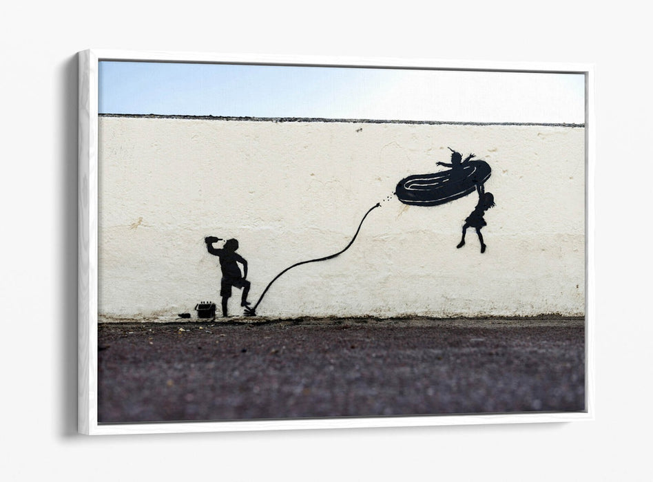 Banksy Canvas Art - Dinghy Graffiti Print On Float Effect Canvas | Handmade UK