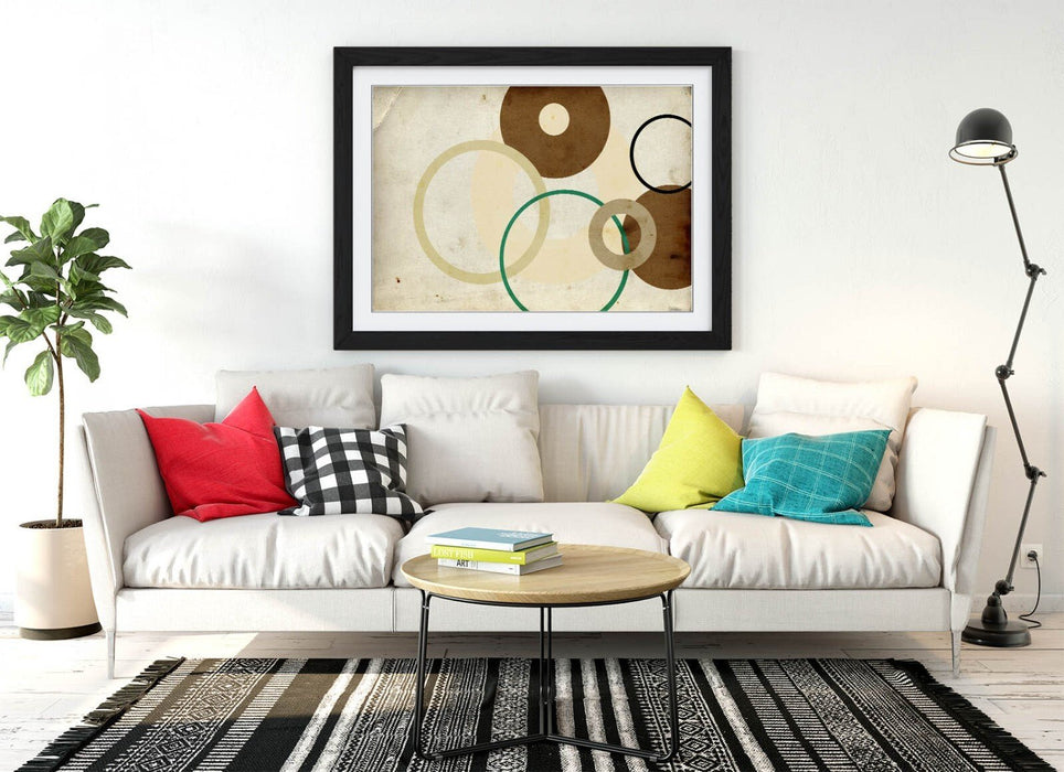 Abstract Framed Poster - Brown Abstract Shapes Bedroom Wall Art with Woodgrain Frame