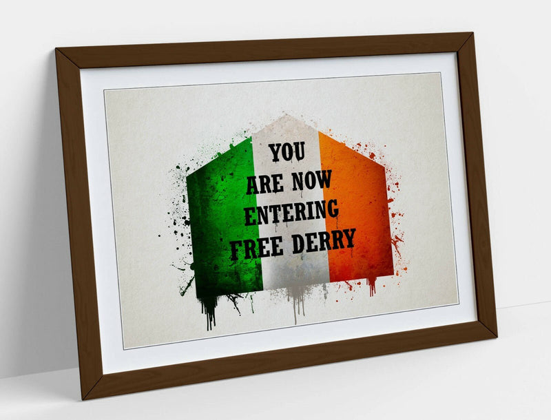 Framed Wall Art - Derry Wall Decor With Irish Flag Print & Woodgrain Frame Finish