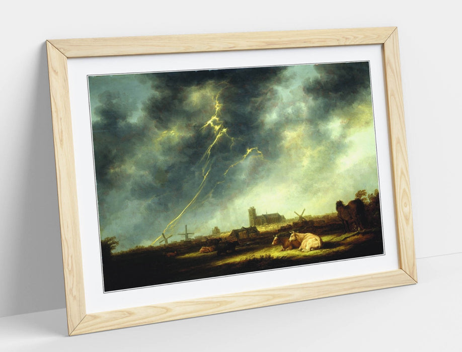 Framed Wall Art Poster – Aelbert Cuyp Thunderstorm Art Print with Natural Wood Frame