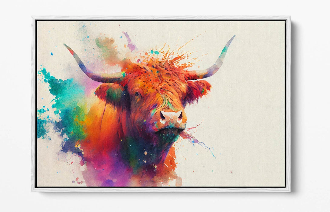 COLOURFUL HIGHLAND COW WATERCOLOUR SPLASH FLOAT EFFECT CANVAS ART PIC PRINT