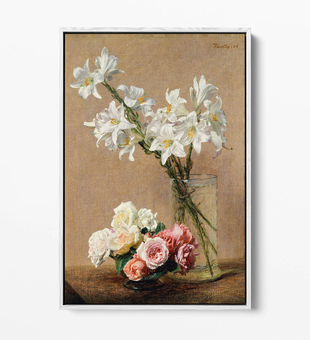 Float Effect Canvas Art - Henri Fantin-Latour Roses And Lilies Print On Premium Frame