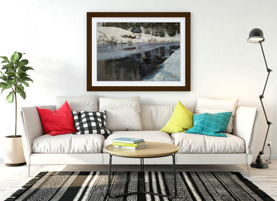 Framed Wall Art – Frits Thaulow Winter River Painting with Woodgrain Frame
