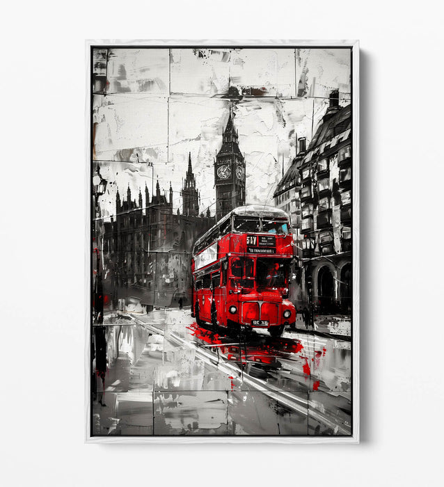 Canvas Wall Art - Black White Cityscape With Red Bus | Float Effect, Handmade UK