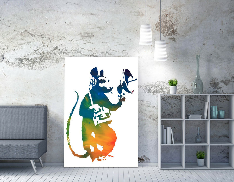 BANKSY, RADAR RAT RAINBOW ART -CANVAS WALL ART PRINT ARTWORK FRAMED
