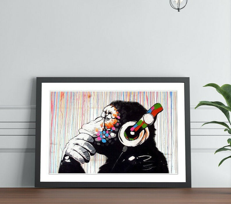 MONKEY DJ BANKSY STREET ART FRAMED POSTER PICTURE PRINT ARTWORK RAIN