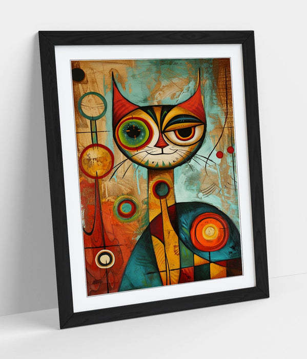 Framed Wall Art - Cool Cat Abstract Wall Decor With Woodgrain Frame Print