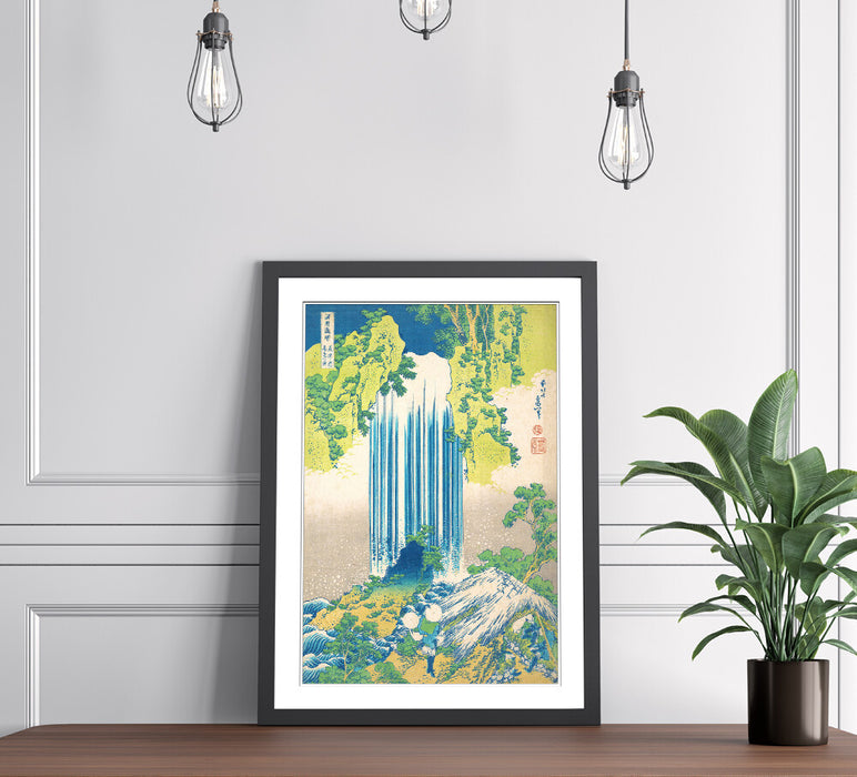 Hokusai Waterfall Art – Framed Japanese Art Print With Woodgrain Frame