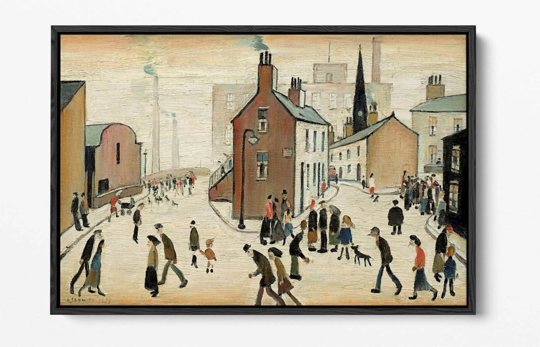 LS LOWRY STREET SCENE -FLOAT EFFECT CANVAS WALL ART PIC PRINT- BEIGE