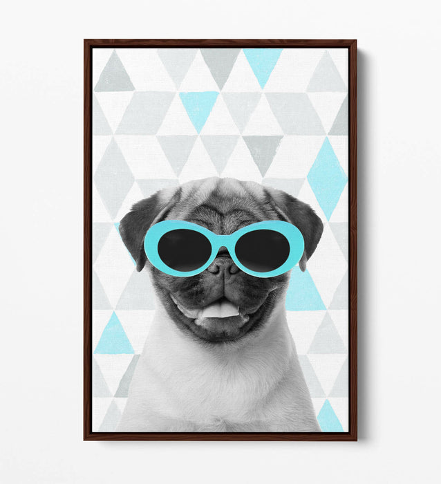 PUG SUNGLASSES TURQUOISE GREY GEOMETRIC -FLOAT EFFECT CANVAS WALL ART PIC PRINT