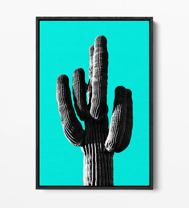 TRENDY B&W CACTUS POP ART CYAN -FLOAT EFFECT CANVAS WALL ART PRINT