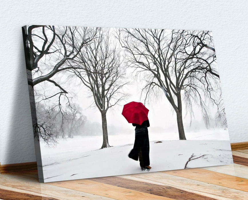 Red Umbrella Canvas Art – Handmade Snow Artwork Canvas | Framed Wall Print