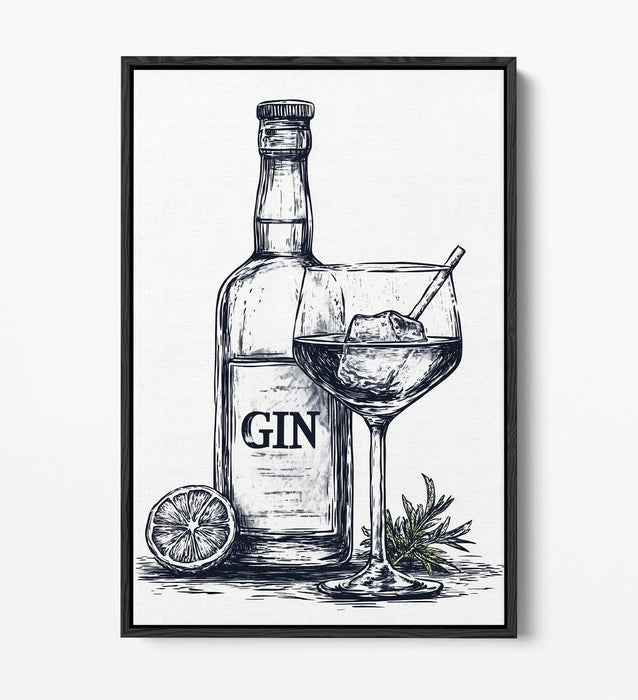 Canvas Wall Art – Gin Bottle Art With Glass Illustration | Float Effect Canvas Print