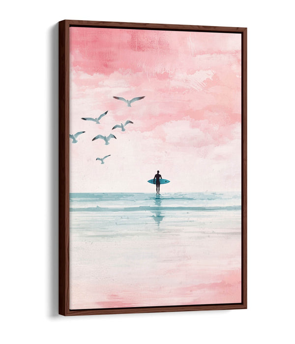 Canvas Wall Art – Minimalist Silhouette Surfer Pink Beach Float Effect Print