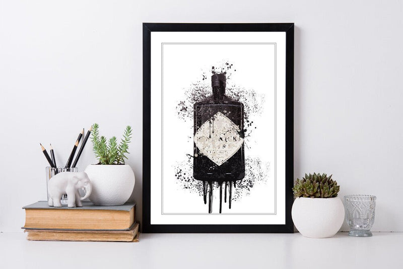 Gin Bottle Splash Art - Hendrix Framed Wall Art With Woodgrain Frame