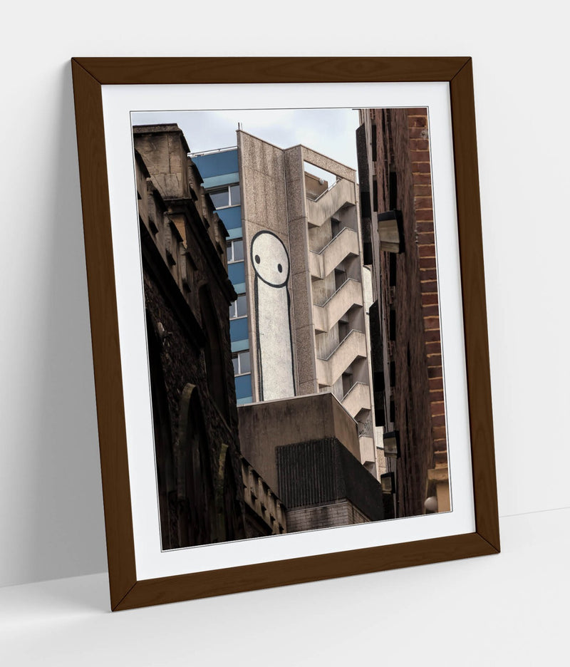 Framed Wall Art – Stick Man Poster Urban Street Art With Woodgrain Frame Finish