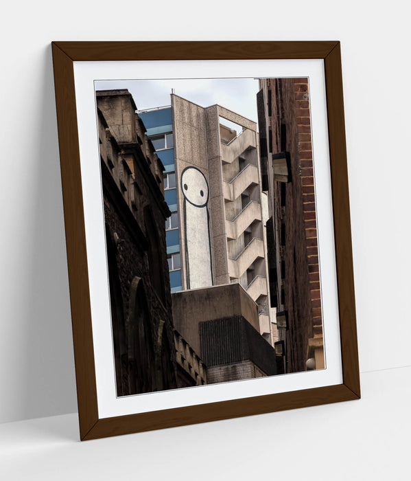 Framed Wall Art – Stick Man Poster Urban Street Art With Woodgrain Frame Finish