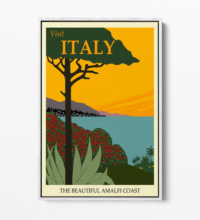 RETRO VINTAGE ITALY TRAVEL POSTER -FLOAT EFFECT CANVAS ART PRINT- BLUE, GREEN