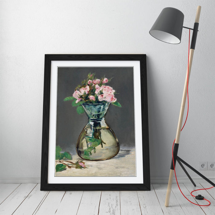 Framed Wall Art Poster - Edouard Manet Moss Roses In A Vase Print With Woodgrain Frame