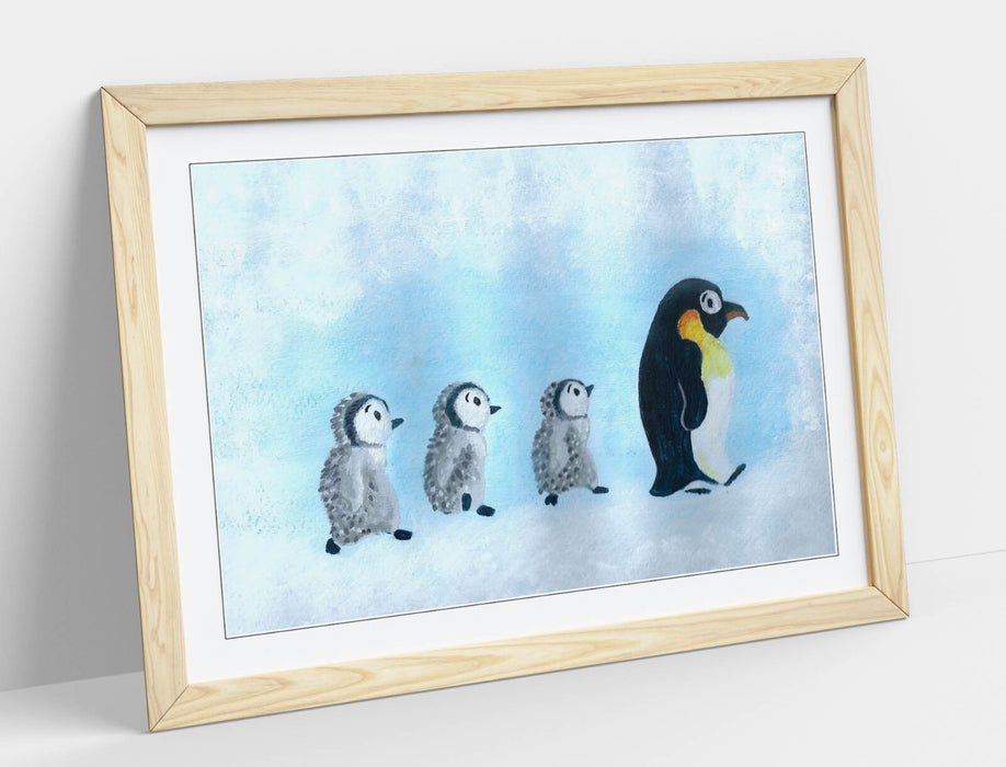 Baby Penguin Wall Art - Framed Art Print With Woodgrain Frame | Cute Animal Artwork
