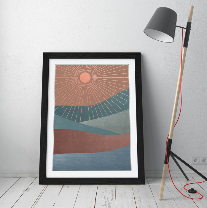 Framed Wall Art Abstract Sun Rays Mountain Art Print – Matte Paper Poster, Ready to Hang