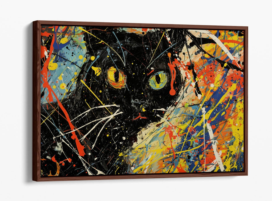 Black Cat Canvas Art - Jackson Pollock Style Float Effect Modern Cat Artwork