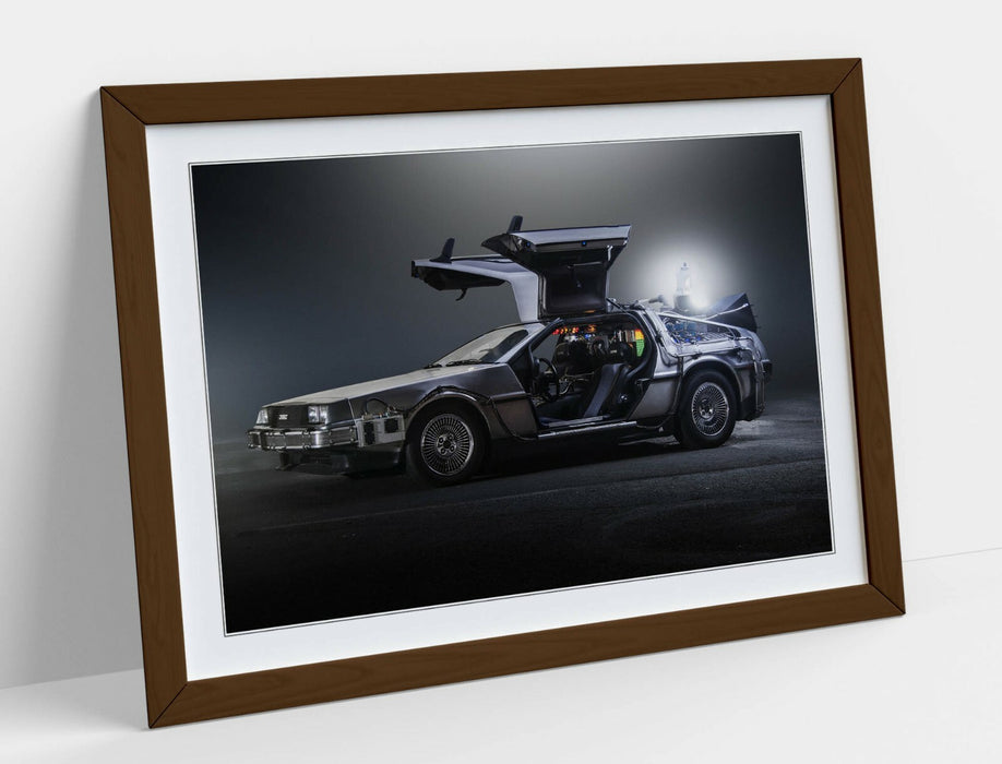 DeLorean Framed Poster – Back to the Future Art | UK Handmade Wood Grain Frame