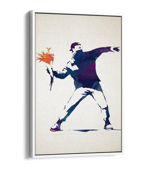 BANKSY, FLOWER THROWER WATERCOLOUR STYLE -FLOAT EFFECT CANVAS WALL ART PRINT