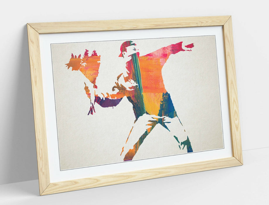 BANKSY, FLOWER THROWER RAINBOW PAINT -FRAMED WALL ART PICTURE PRINT