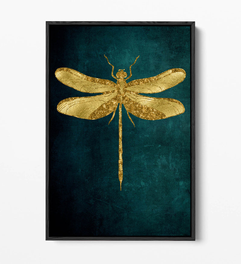 Canvas Wall Art – Gold Dragonfly On Dark Teal Background | Float Effect Print